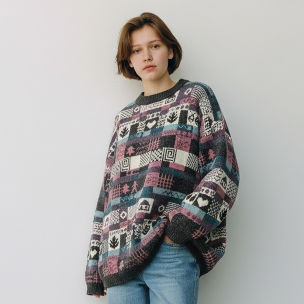 Vintage Paris Sport Club “Hearts and Home” Patchwork Style Knit Sweater